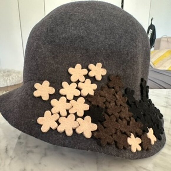 Charcoal Wool Felt Cloche Hat with Floral Accents